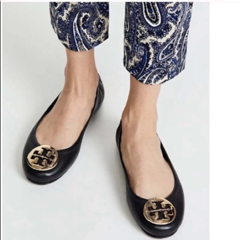Tory Burch Black Leather Gold Logo Reva Ballet Flats Sz 6.5